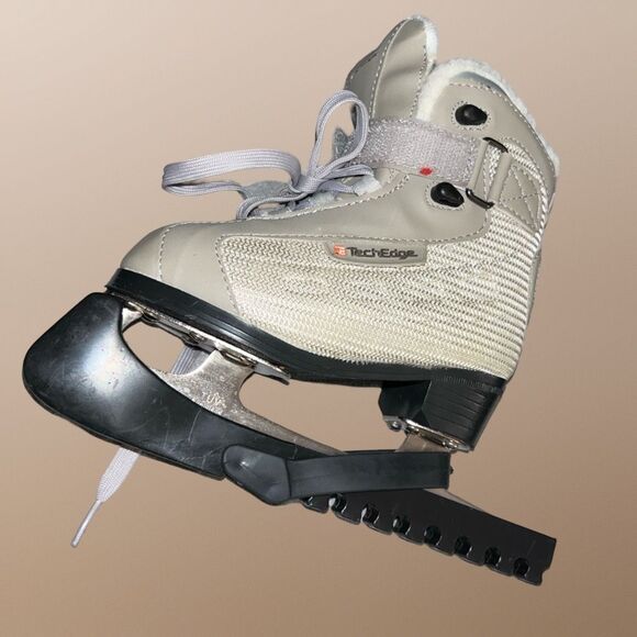 Toddler PowerTek V3.0 Tek Edge Kid Skates Beige Lace Up With Blade Covers Size 9 - Picture 1 of 10